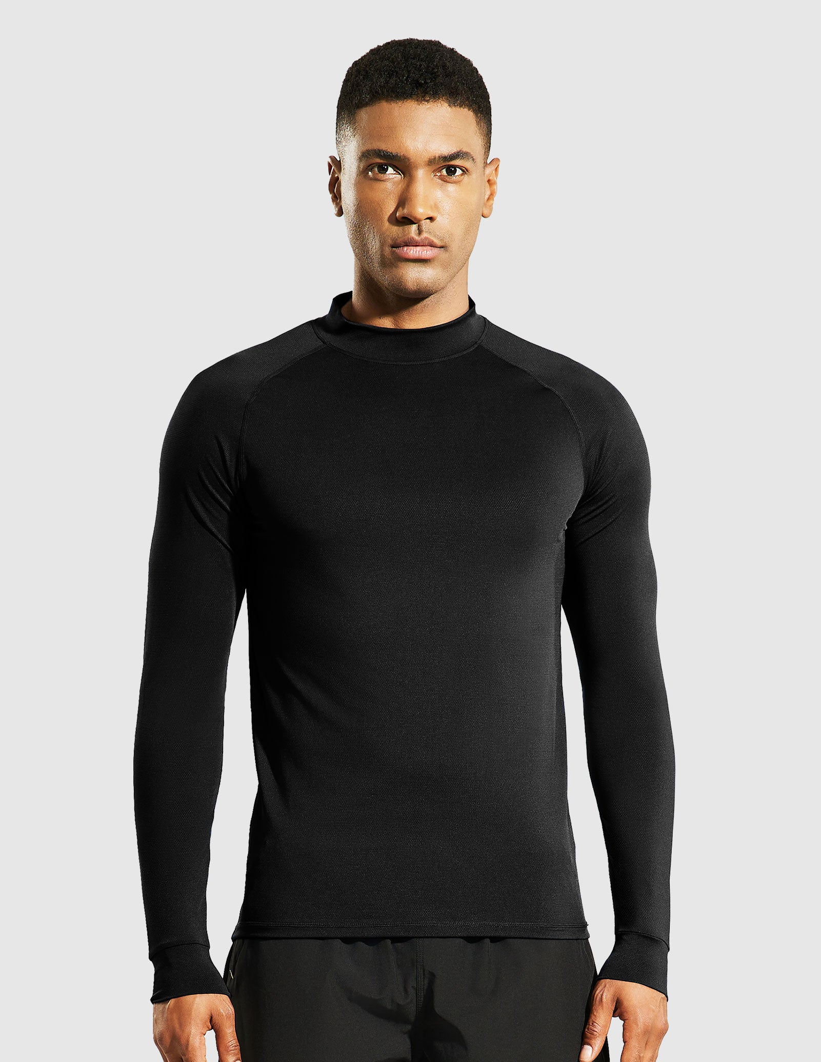 Men's Long Sleeve Mock Turtleneck Base Layer Workout Top - Black / L