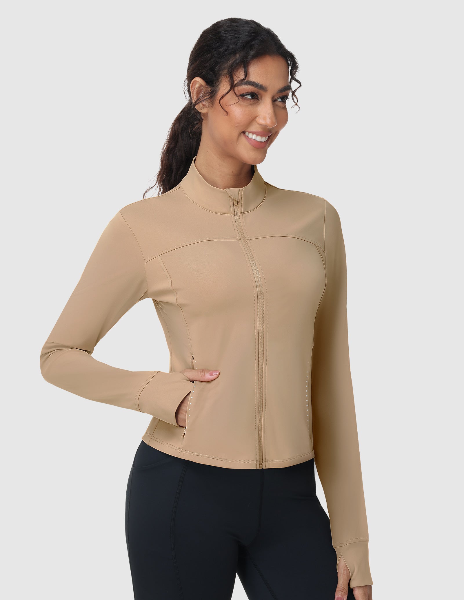 MIER Women's Slim Fit Full Zip Workout Jacket with Zipper Pockets | Lightweight Running Track Top Women Active Shirt Khaki / XS