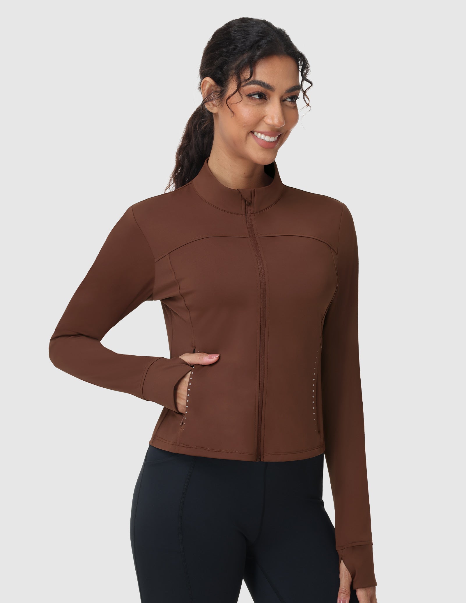 MIER Women's Slim Fit Full Zip Workout Jacket with Zipper Pockets | Lightweight Running Track Top Women Active Shirt Brown / XS