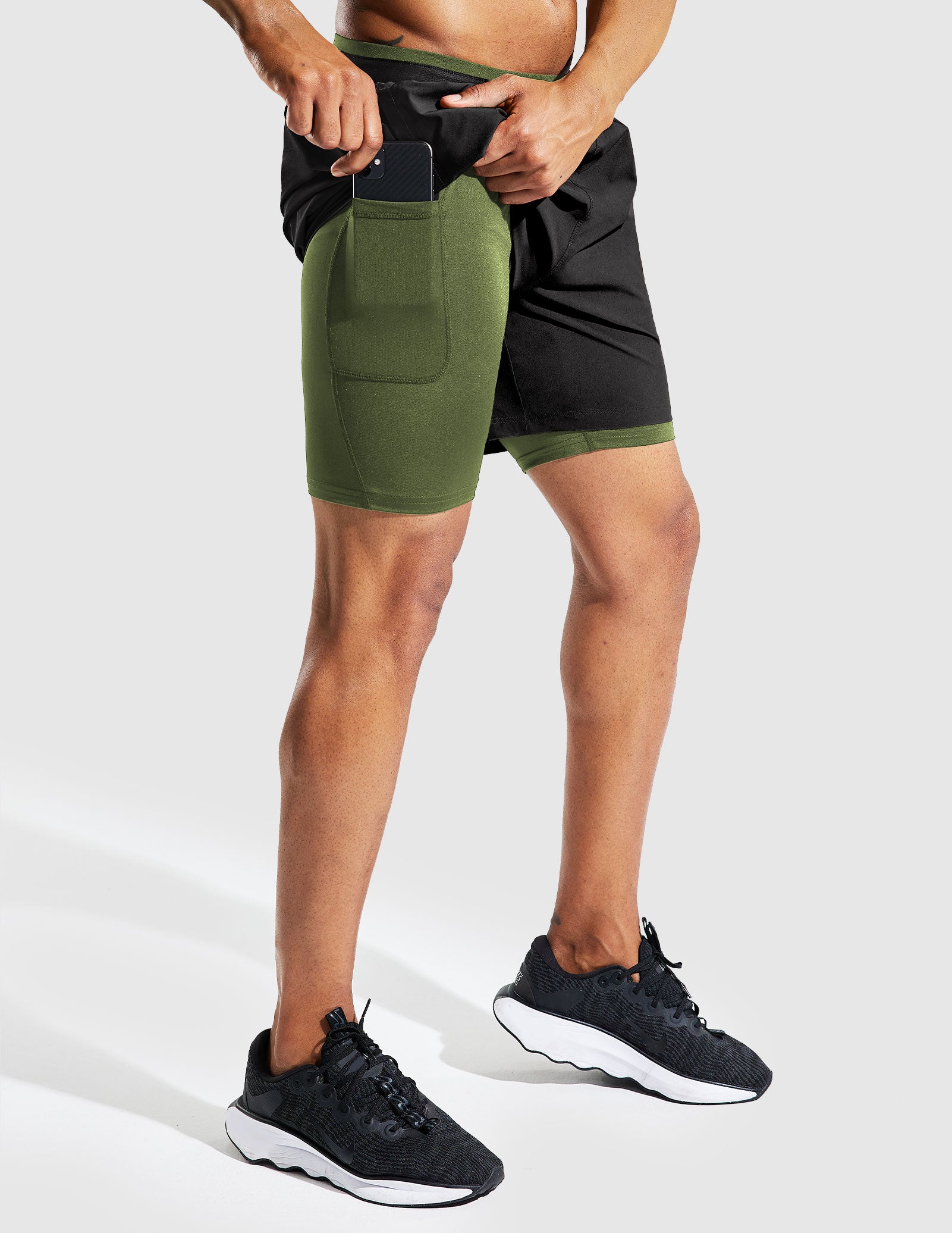 MIER Men's 2 in 1 Running Shorts with Liner 5 Inch Men's Shorts Black Army Green / XS