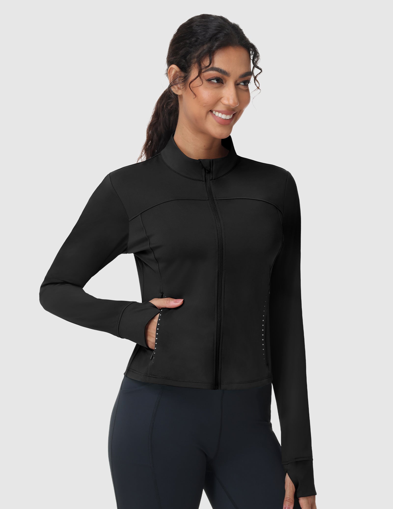 MIER Women's Slim Fit Full Zip Workout Jacket with Zipper Pockets | Lightweight Running Track Top Women Active Shirt Black / XS