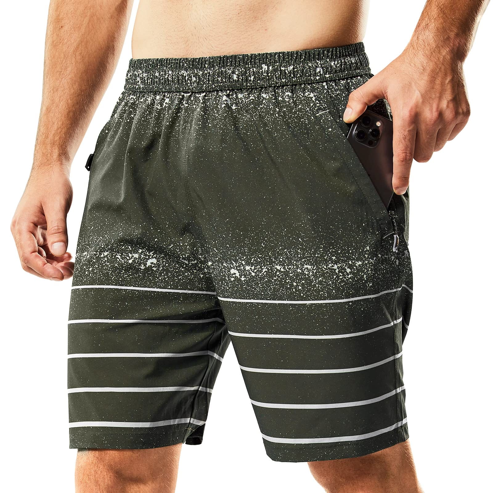 Men's Dry Fit Athletic Gym Shorts with Zipper Pockets 7 inch Men's Shorts Print Army Green / S MIER