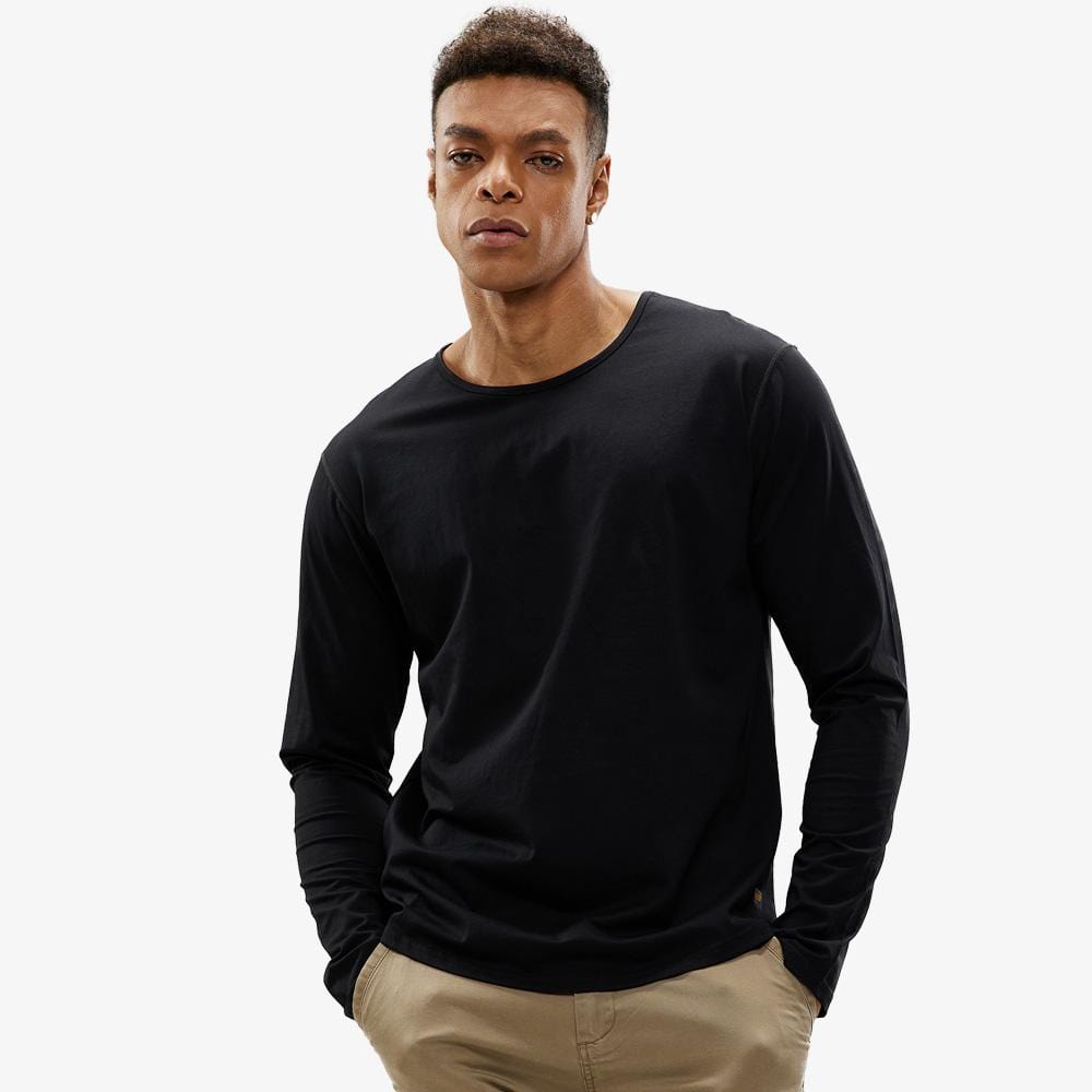 Men's Long Sleeve Cotton T-shirts Drop Cut with Curved Hem - Black / S