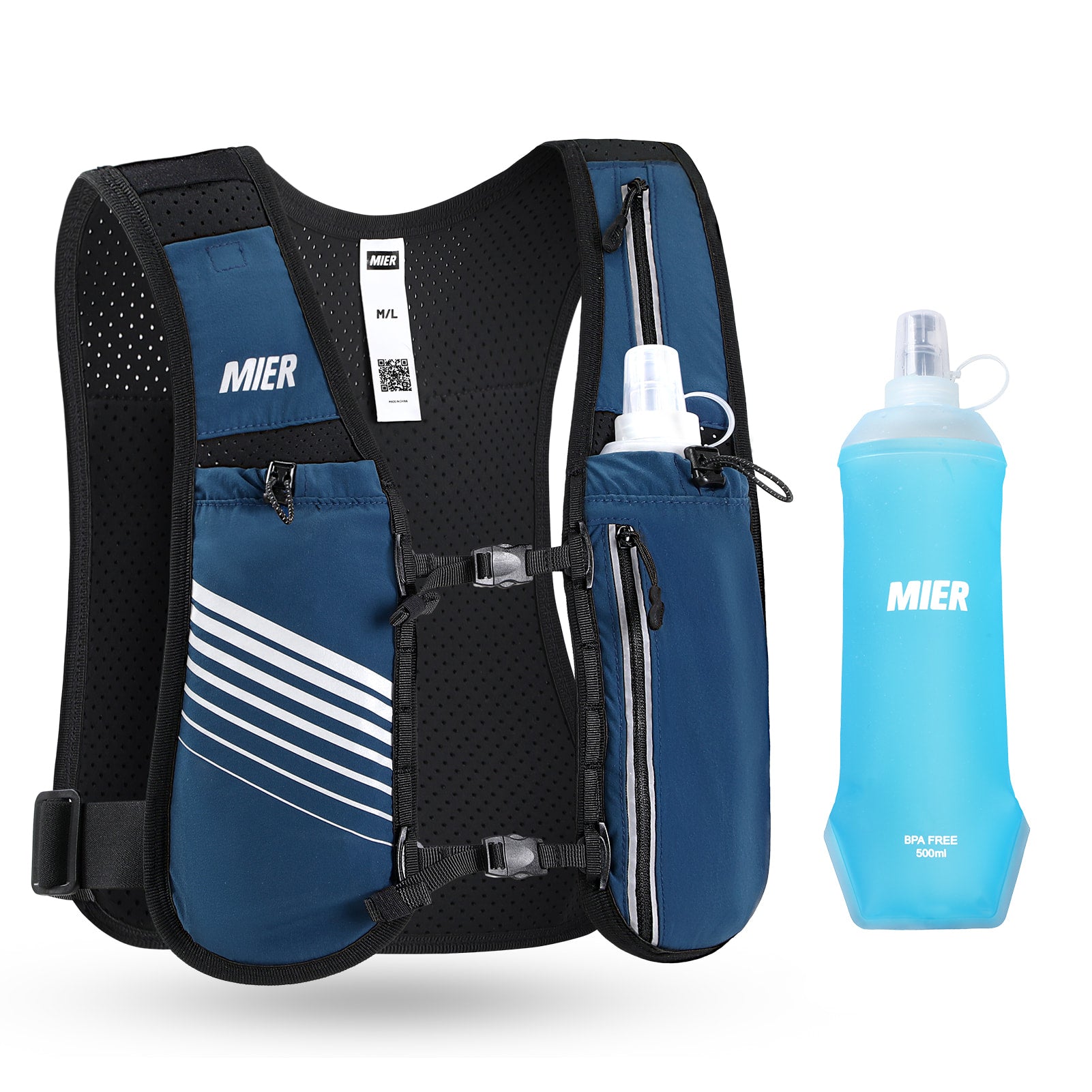 MIER Running Hydration Vest with 500ml Soft Flask Lightweight Reflective Vest Backpack for Women Men Running Vest Blue / XS-S