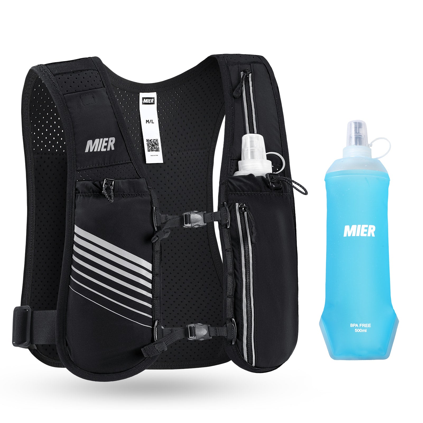 MIER Running Hydration Vest with 500ml Soft Flask Lightweight Reflective Vest Backpack for Women Men Running Vest Black / M-L