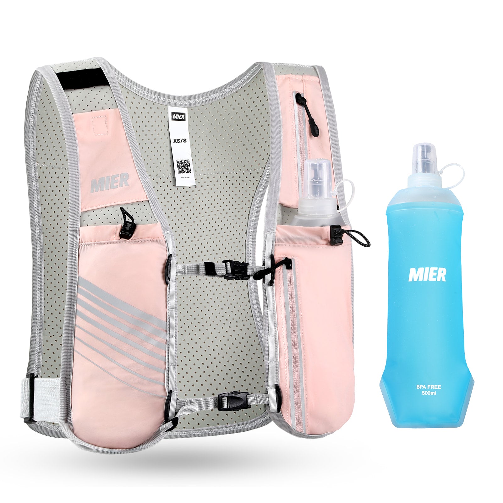 MIER Running Hydration Vest with 500ml Soft Flask Lightweight Reflective Vest Backpack for Women Men Running Vest Pink / XS-S