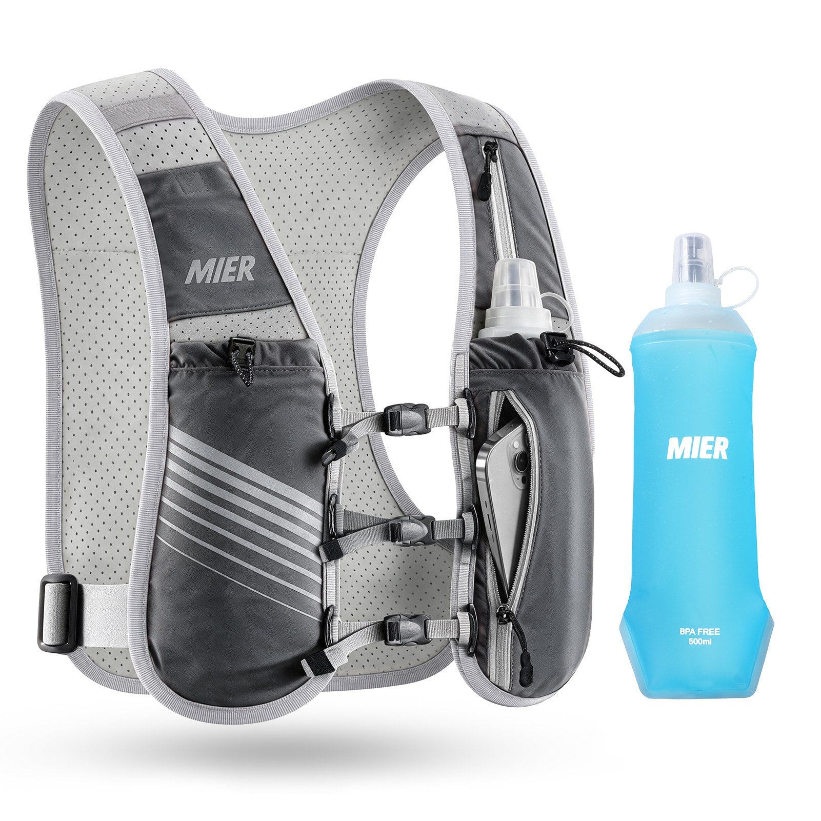 MIER Running Hydration Vest with 500ml Soft Flask Lightweight Reflective Vest Backpack for Women Men Running Vest Dark Grey / M-L