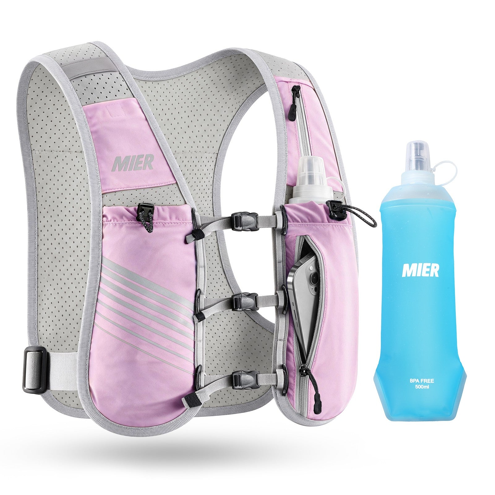 MIER Running Hydration Vest with 500ml Soft Flask Lightweight Reflective Vest Backpack for Women Men Running Vest Purple / XS-S