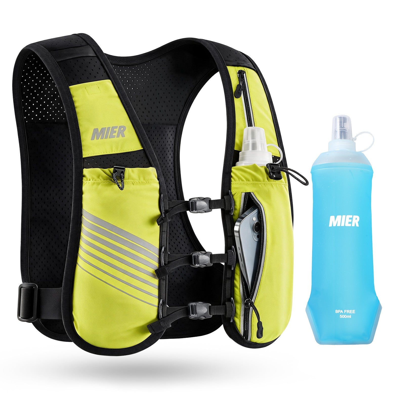 MIER Running Hydration Vest with 500ml Soft Flask Lightweight Reflective Vest Backpack for Women Men Running Vest Neon Yellow / M-L