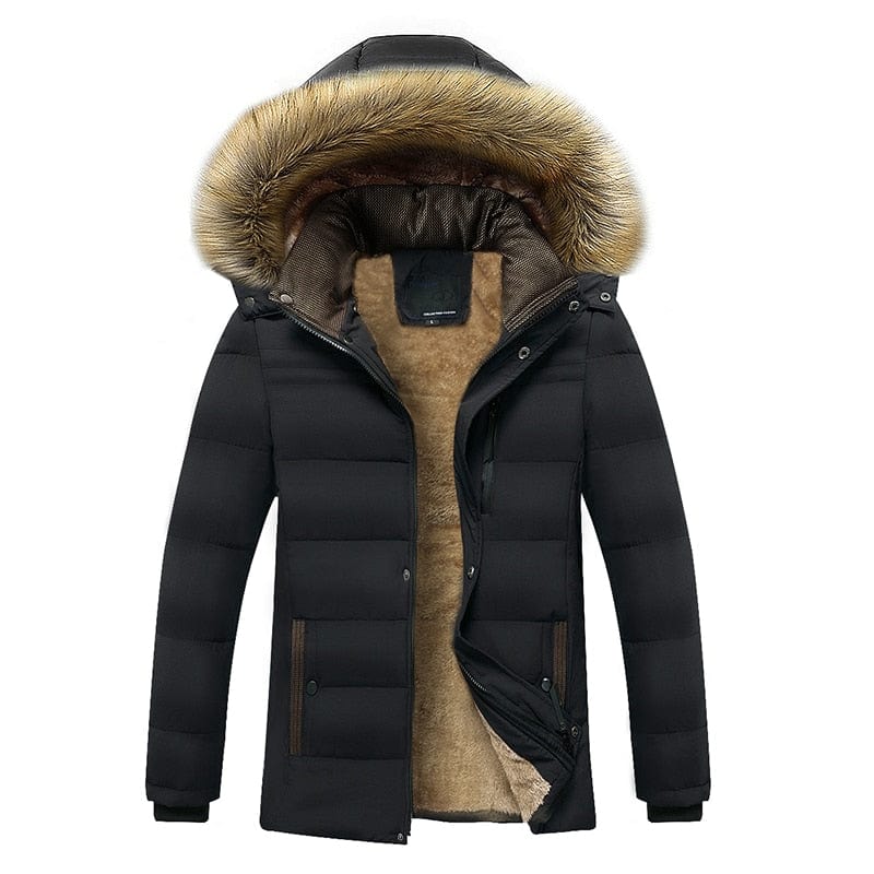 MIERSPORT Winter Warm Thick Fleece Parkas Men Waterproof Hooded Fur Collar  Parka Jacket Coat - Black / M