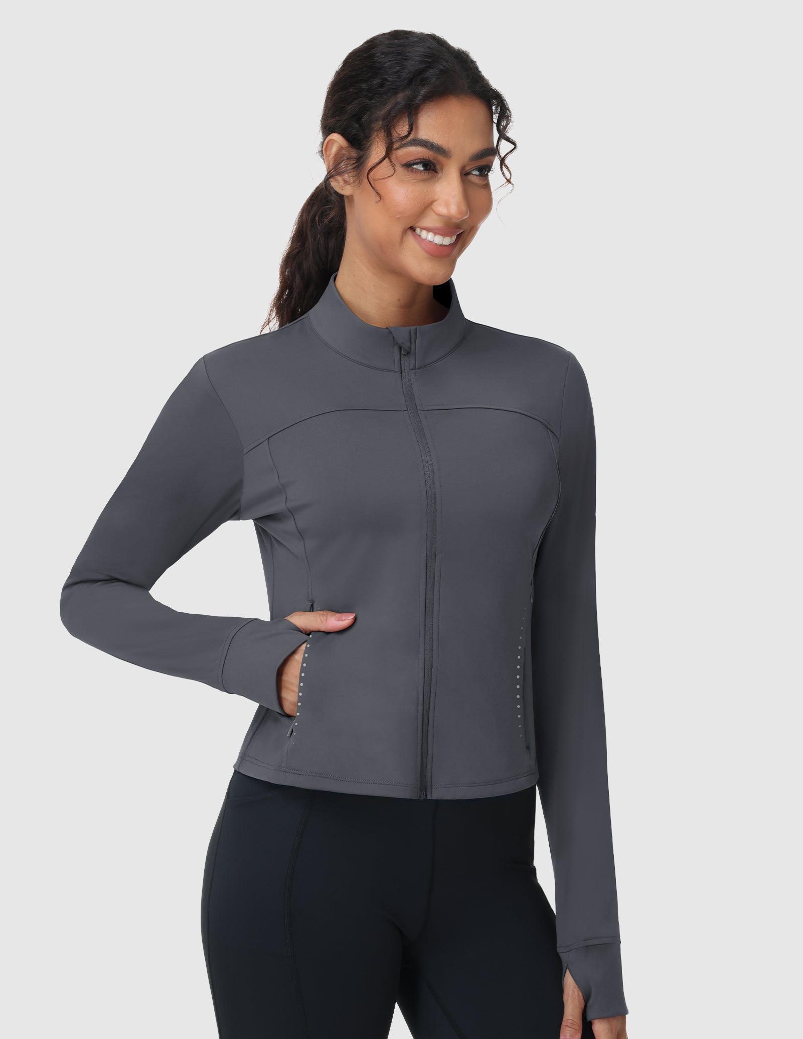 MIER Women's Slim Fit Full Zip Workout Jacket with Zipper Pockets | Lightweight Running Track Top Women Active Shirt Dark Grey / XS