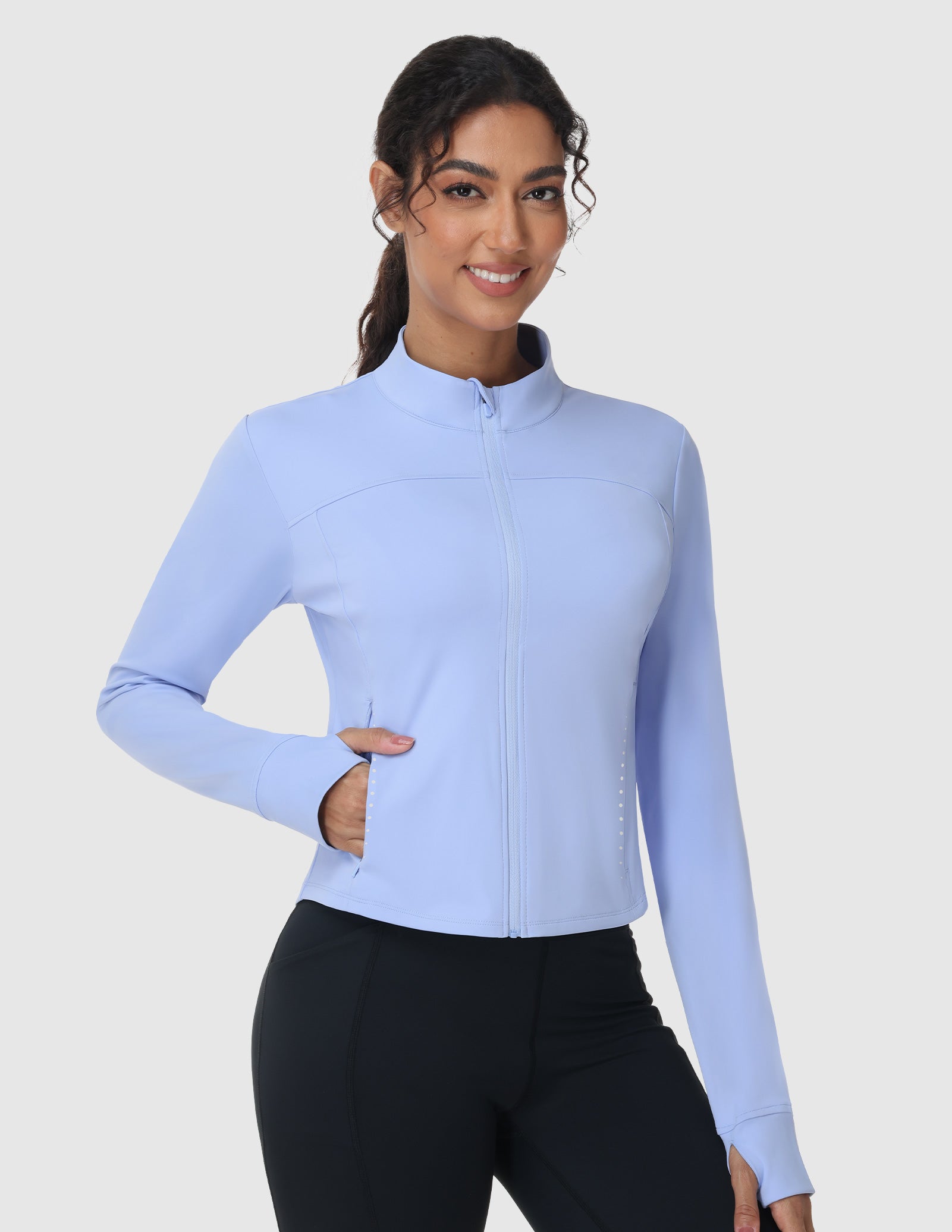 MIER Women's Slim Fit Full Zip Workout Jacket with Zipper Pockets | Lightweight Running Track Top Women Active Shirt Light Blue / XS