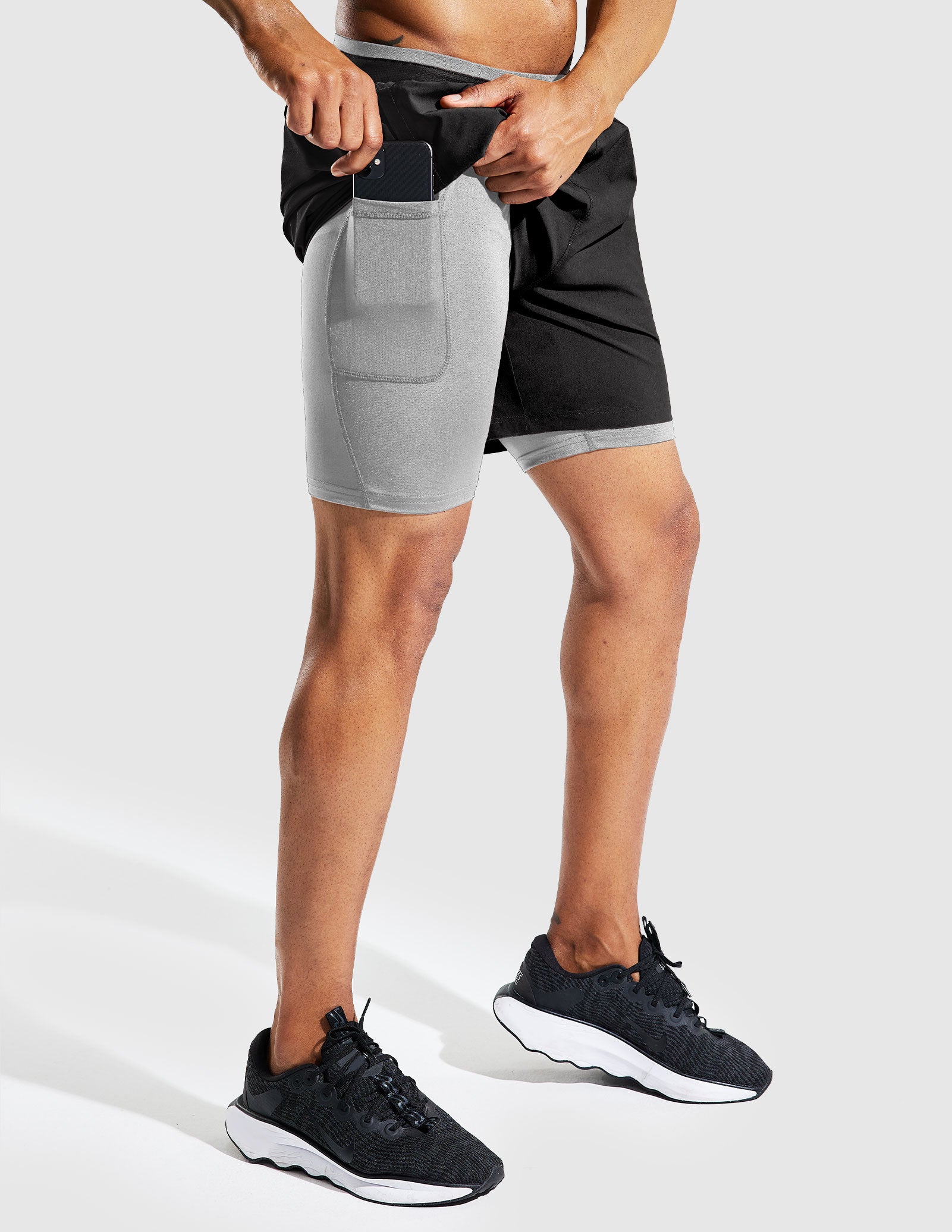 MIER Men's 2 in 1 Running Shorts with Liner 5 Inch Men's Shorts Black Grey / XS