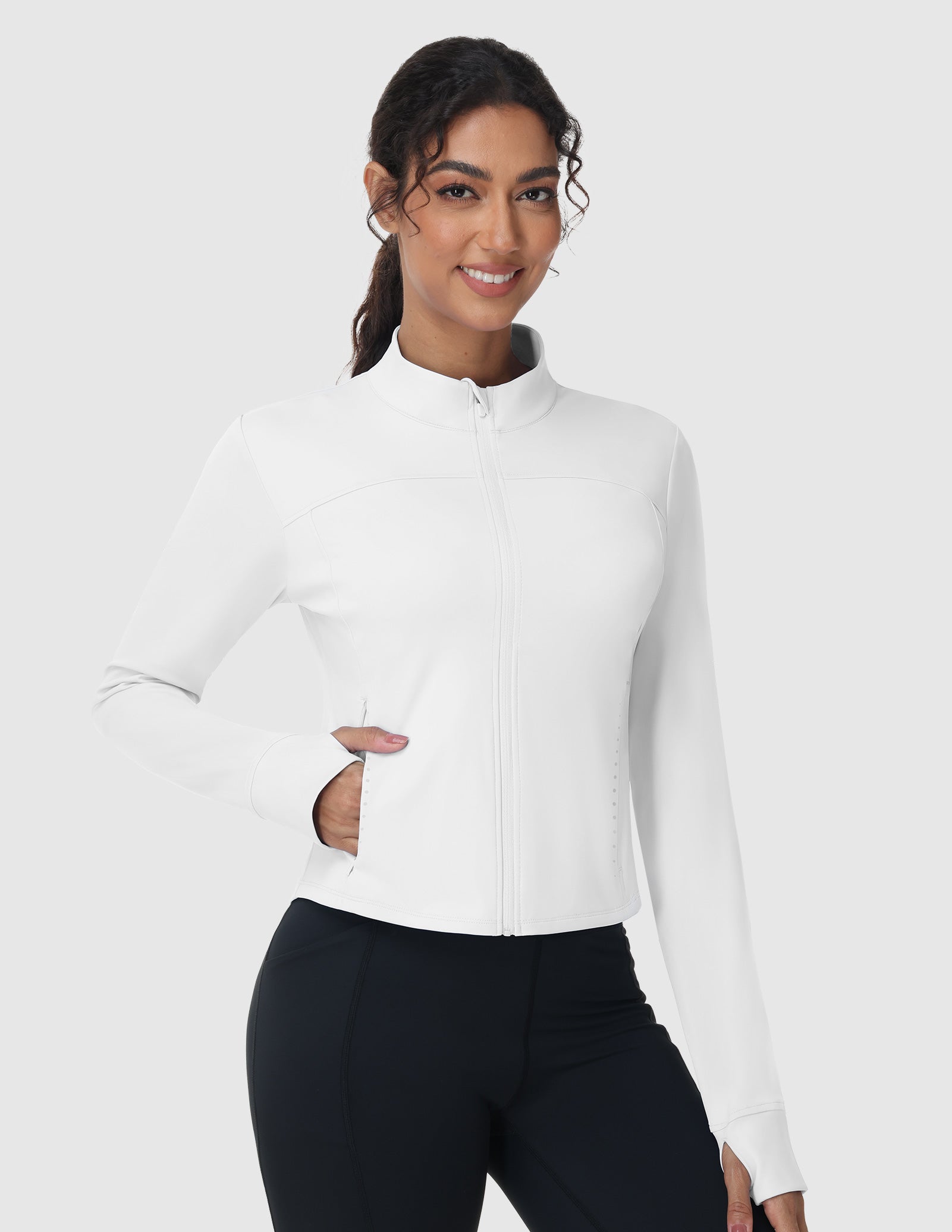 MIER Women's Slim Fit Full Zip Workout Jacket with Zipper Pockets | Lightweight Running Track Top Women Active Shirt White / XS