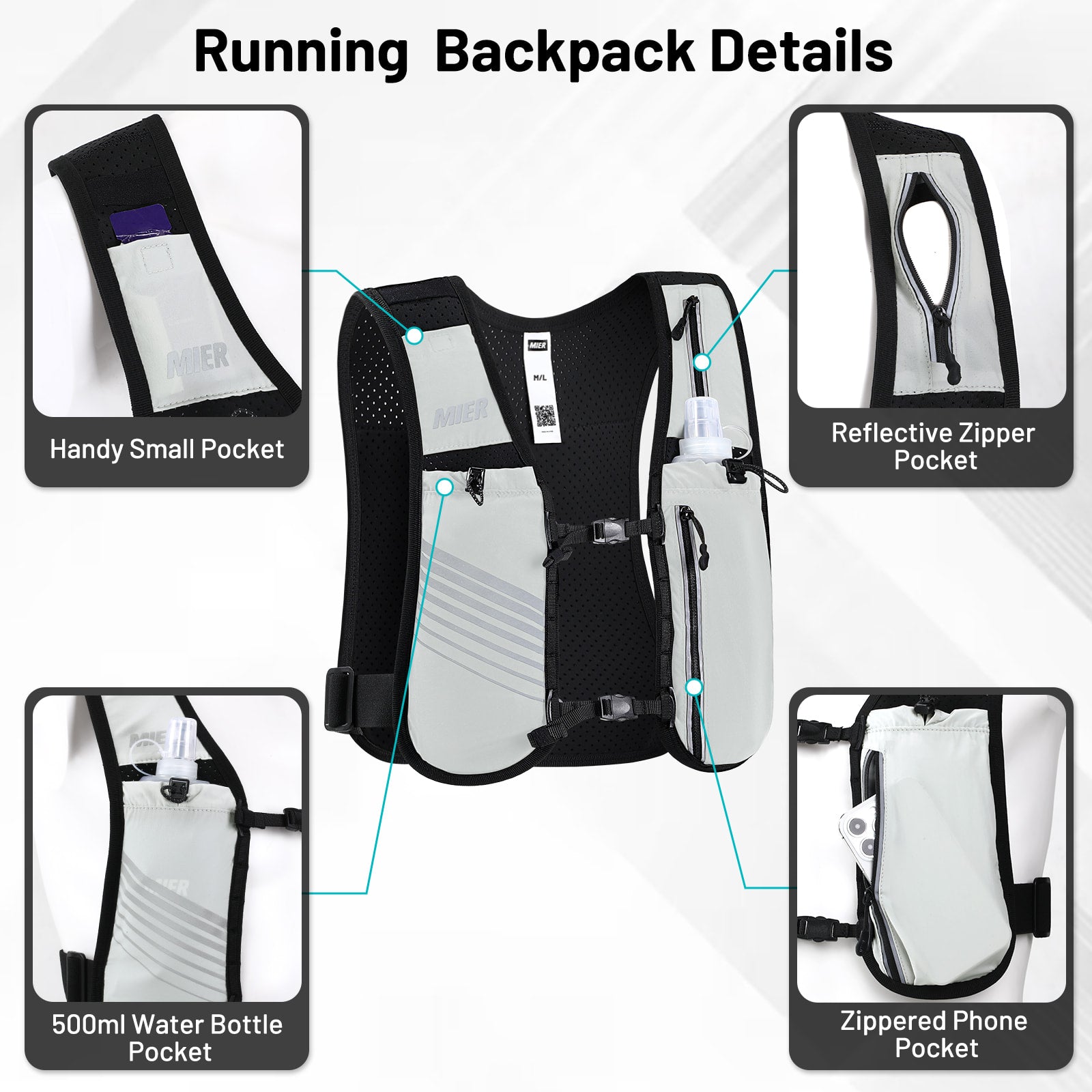 MIER Running Hydration Vest with 500ml Soft Flask Lightweight Reflective Vest Backpack for Women Men Running Vest