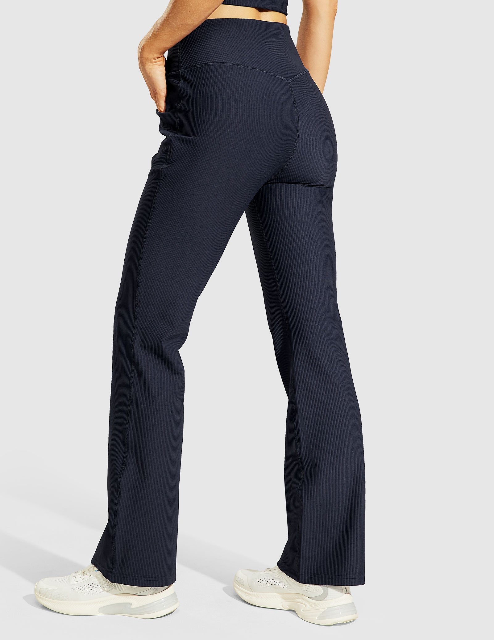 Women's High Waisted Bootcut Yoga Pants Ribbed Flare Leggings - Navy Blue /  XS