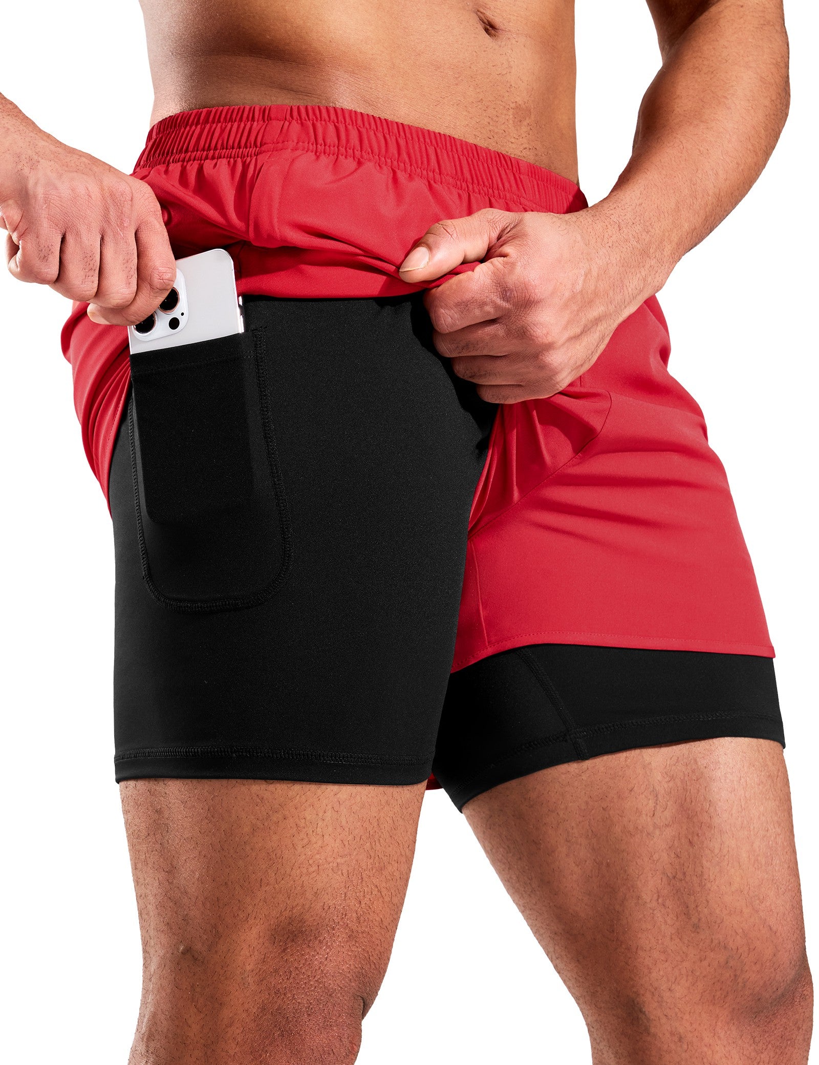 MIER Men’s 2-in-1 Running Shorts 3" Quick Dry with Compression Liner Men's Shorts Red Black / XS