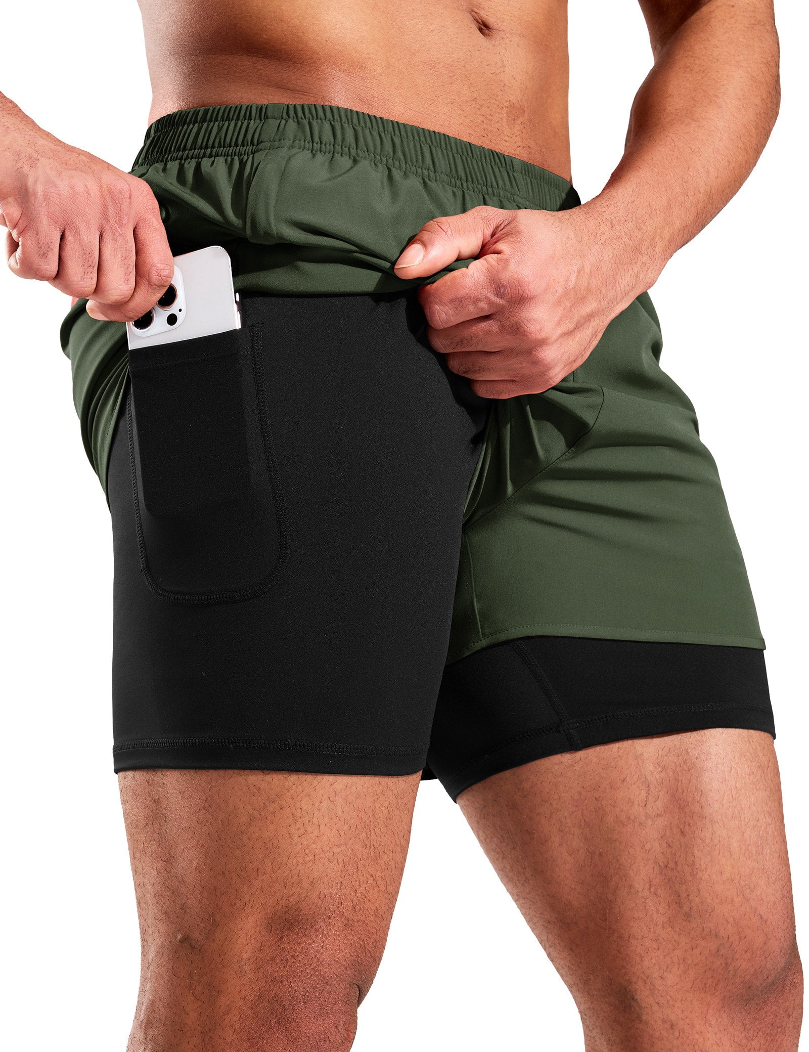 MIER Men’s 2-in-1 Running Shorts 3" Quick Dry with Compression Liner Men's Shorts Army Green Black / XS