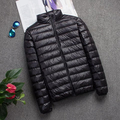 Autumn Winter Men's Ultralight Thin Down Jacket 90% White Duck Down Hooded Jackets Warm Coat Parka Men Portable Outwear 0 black stand / M MIER