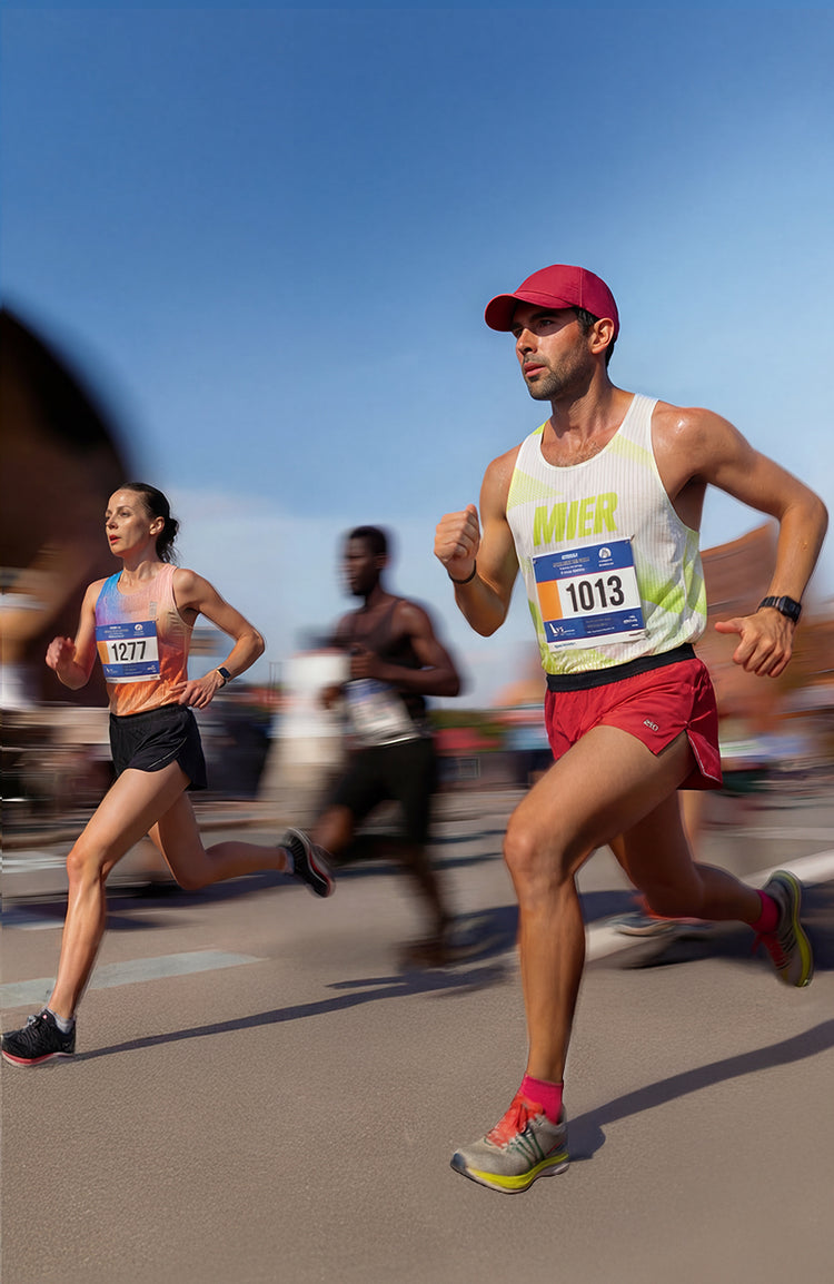 Runners in a marathon with one runner wearing a MIER white tank top.