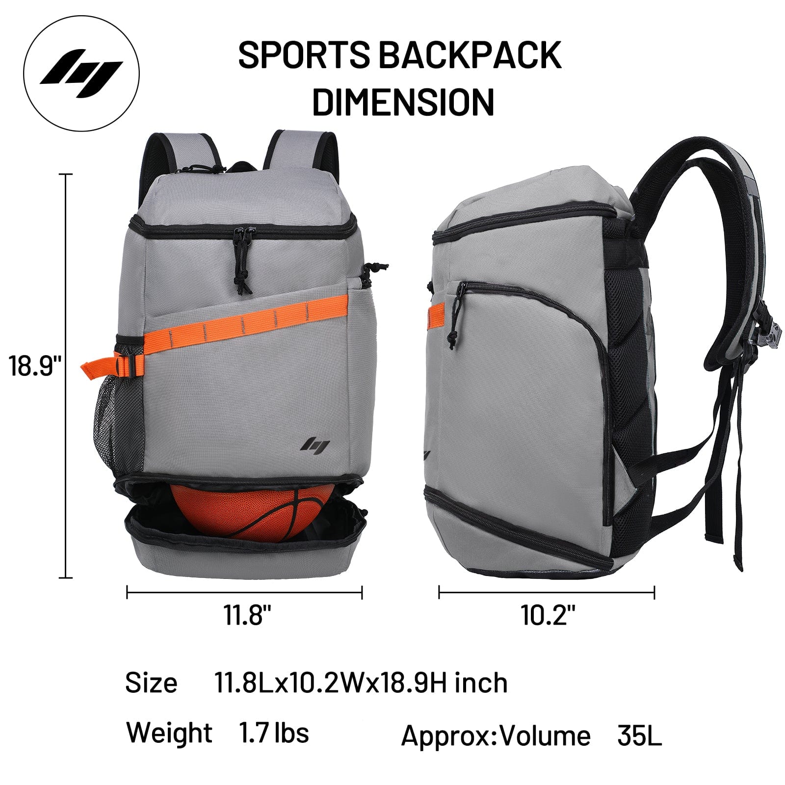 Basketball Backpack Sports Bag with Ball Compartment Unisex Backpack Bag Grey Mier Sports