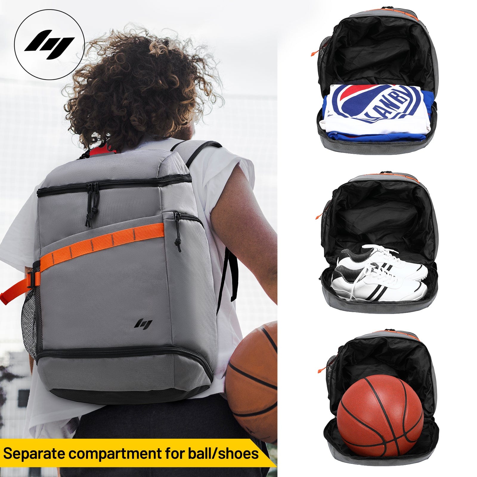Basketball Backpack Sports Bag with Ball Compartment Unisex Backpack Bag Grey Mier Sports