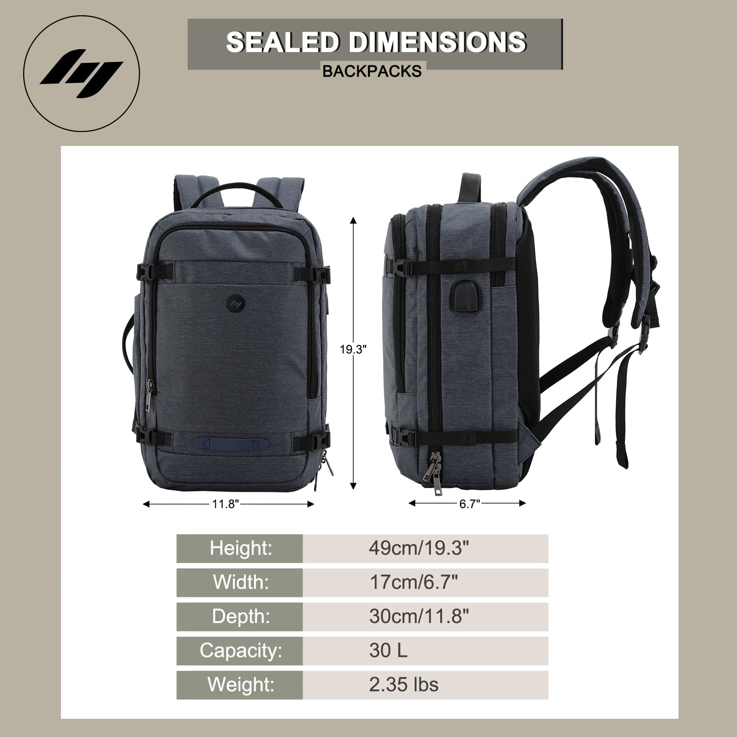Carry On Daypack with USB Charging Port Backpack Bag Dimgray Mier Sports