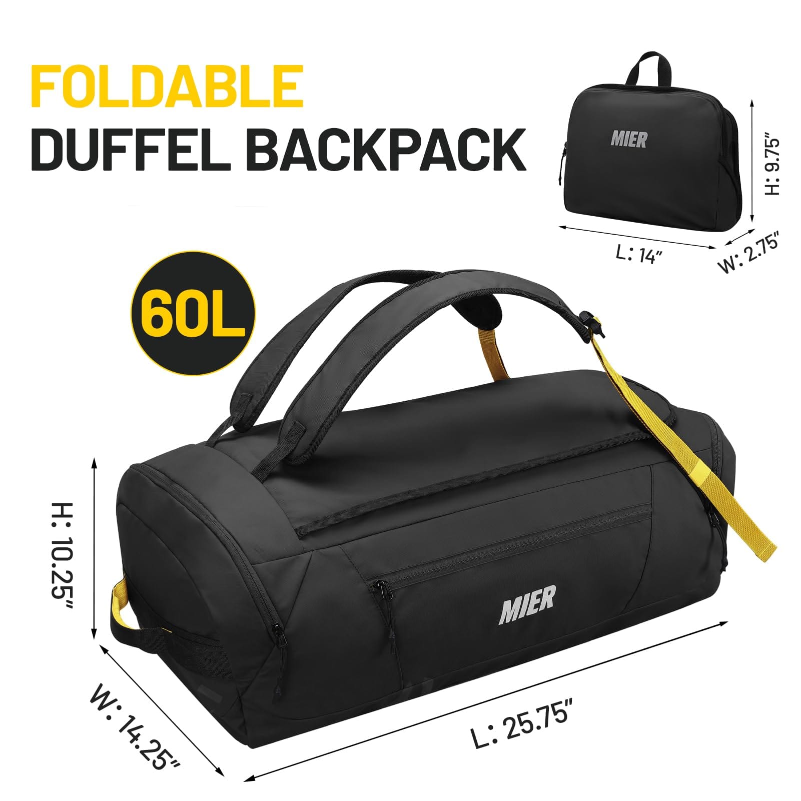 Foldable Travel Duffle Backpack with Shoes Compartment, 60L Backpack Duffel MIER