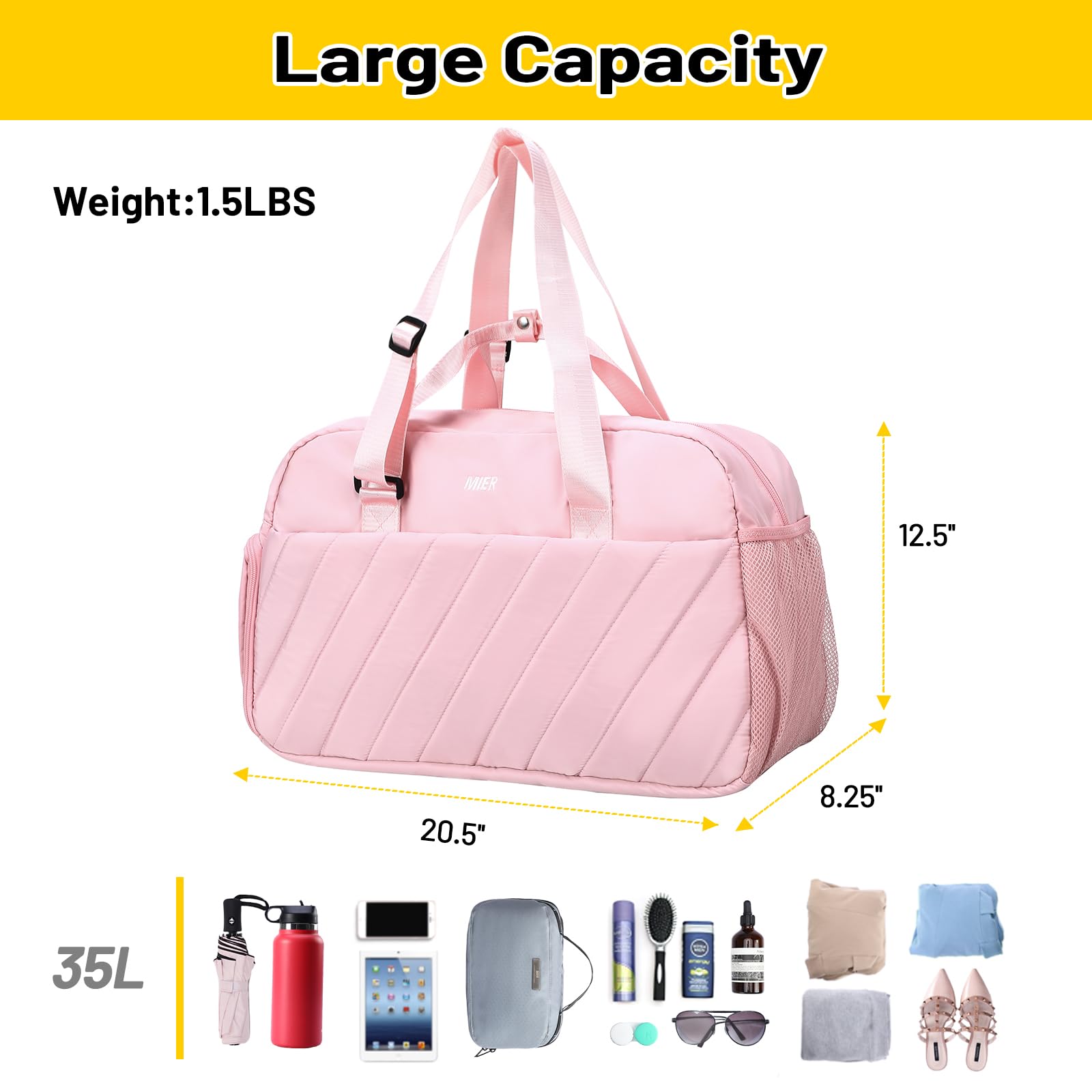 Travel Duffel Bag with Shoe Pouch, Weekender Overnight Bag for Women Carry  On Duffle Bags Gym Bag with Trolley Sleeve for Women-Pink