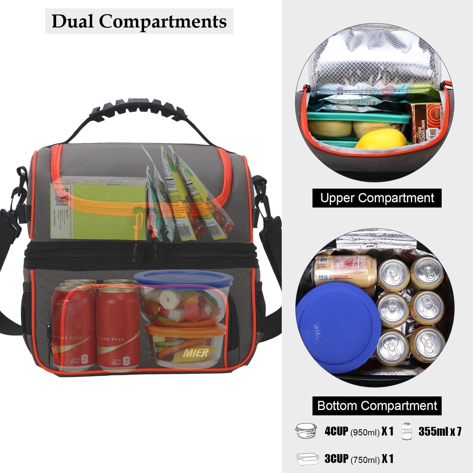 Large Insulated Lunch Bag Cooler Tote Dual Compartment Adult Lunch Bag MIER
