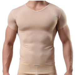 Men&#39;s Sheer Undershirts/Man Ice Silk Mesh See through Basics Shirts/Gay Sexy Fitness Bodybuilding Underwear 0 beige / S MIER