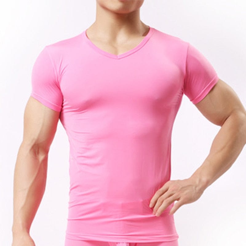 Men&#39;s Sheer Undershirts/Man Ice Silk Mesh See through Basics Shirts/Gay Sexy Fitness Bodybuilding Underwear 0 Hot pink / S MIER