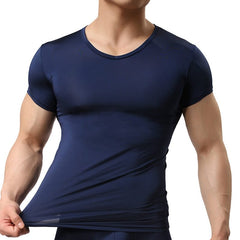 Men&#39;s Sheer Undershirts/Man Ice Silk Mesh See through Basics Shirts/Gay Sexy Fitness Bodybuilding Underwear 0 Navy blue / S MIER