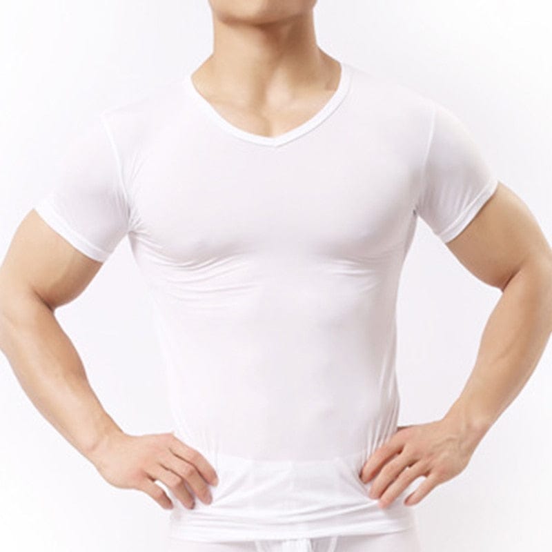 Men&#39;s Sheer Undershirts/Man Ice Silk Mesh See through Basics Shirts/Gay Sexy Fitness Bodybuilding Underwear 0 white / S MIER