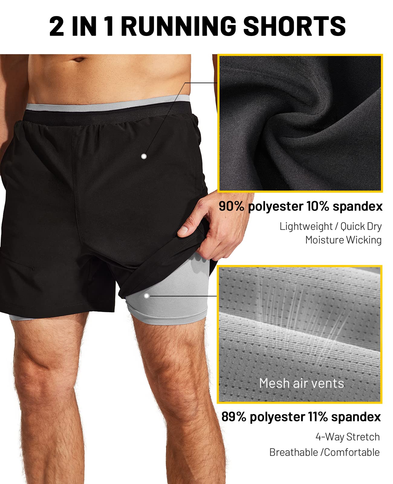 Men's 2 in 1 Running Shorts with Liner,Dry Fit Workout Shorts with