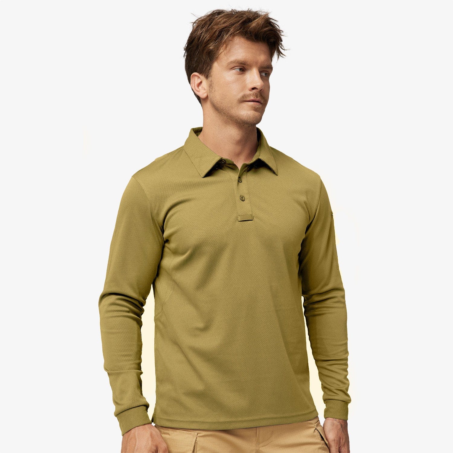 Men's Outdoor Tactical Long Sleeve Polo Shirts Quick Dry, San Brown / S
