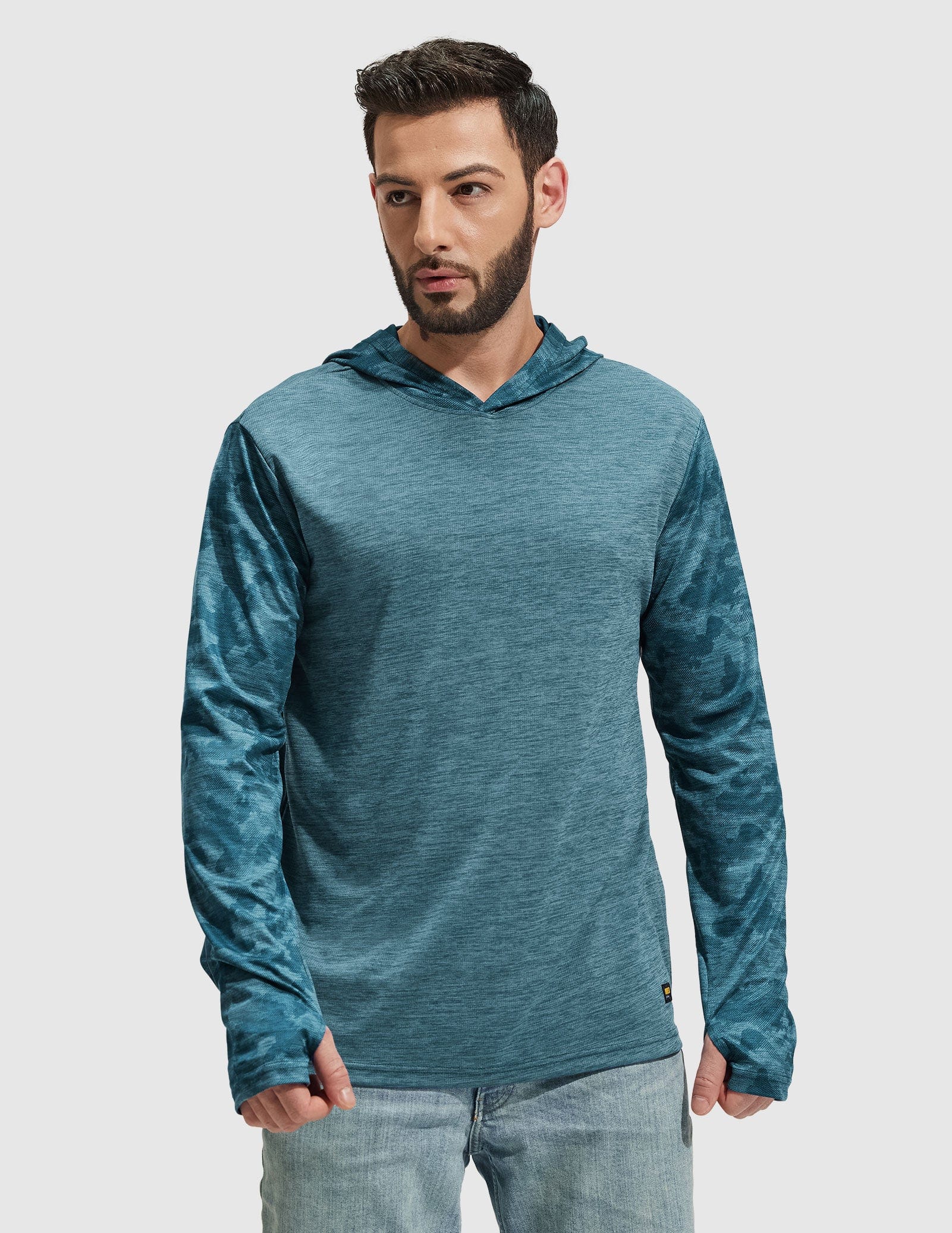 MIER Men's Camouflage-Sleeve Long-Sleeve Performance Hoodie Men's T-Shirts Blue Camo / S