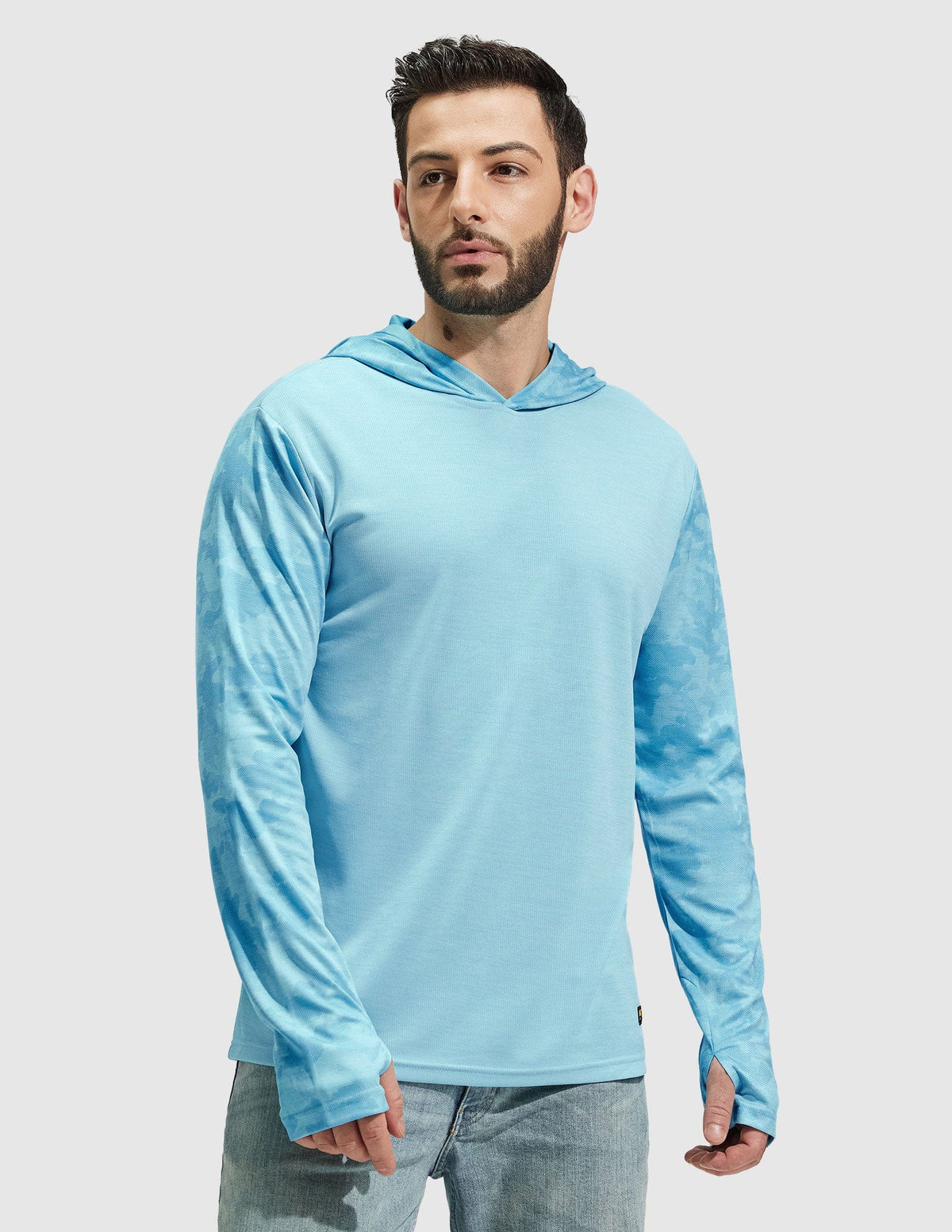 MIER Men's Camouflage-Sleeve Long-Sleeve Performance Hoodie Men's T-Shirts Sky Blue Camo / S