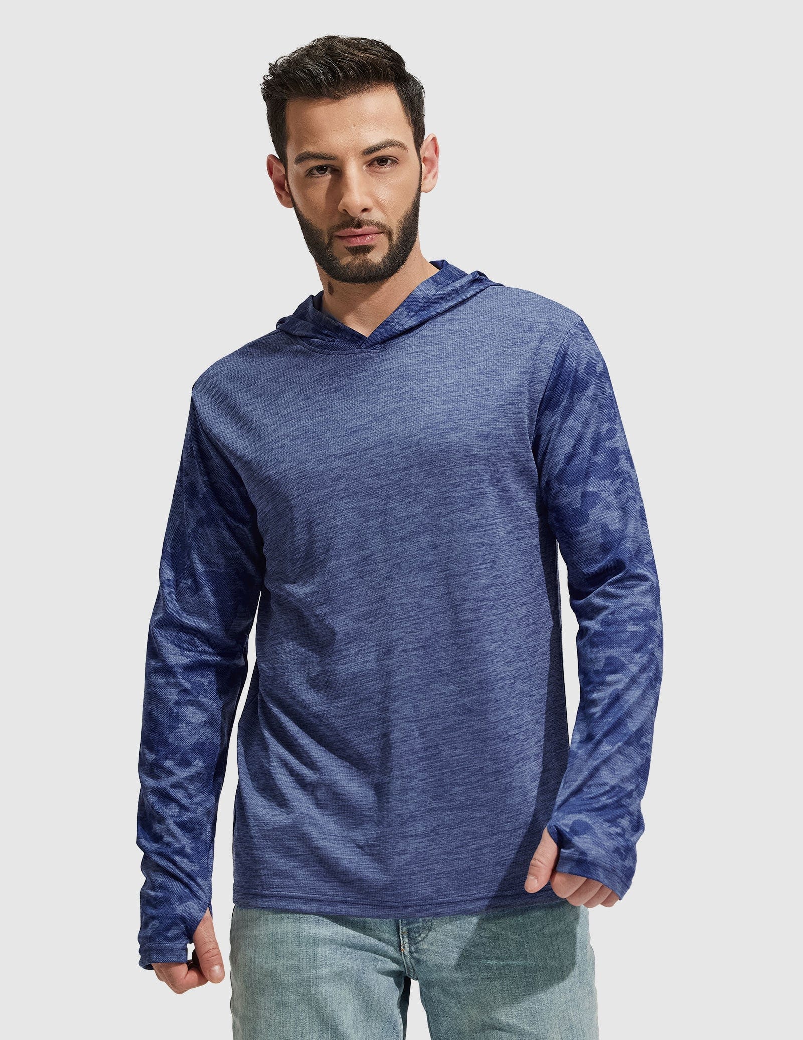 MIER Men's Camouflage-Sleeve Long-Sleeve Performance Hoodie Men's T-Shirts Ocean Blue Camo / S
