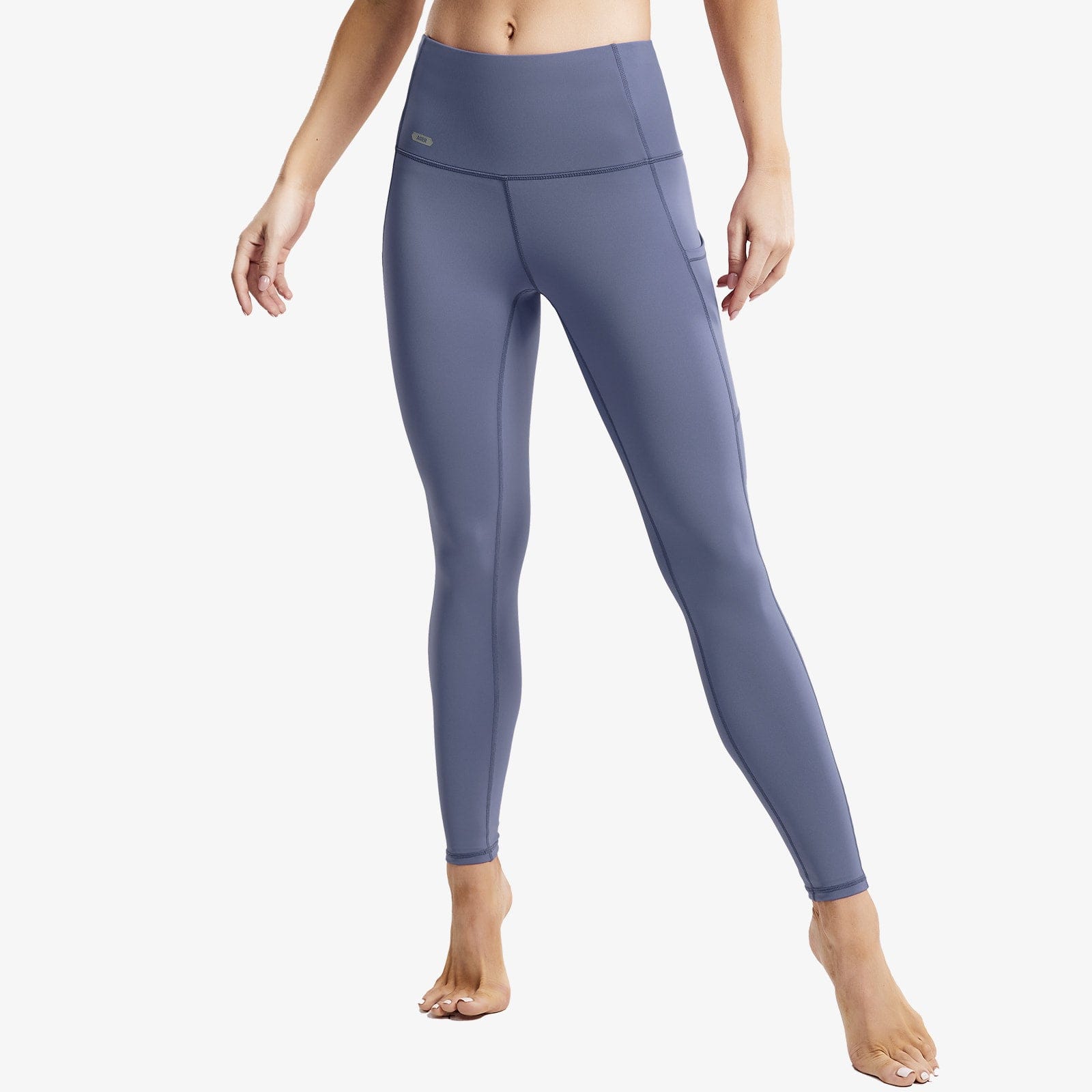 Women's High Waist Yoga Pants with Pockets, Full Length - Dark Dusty Blue /  S