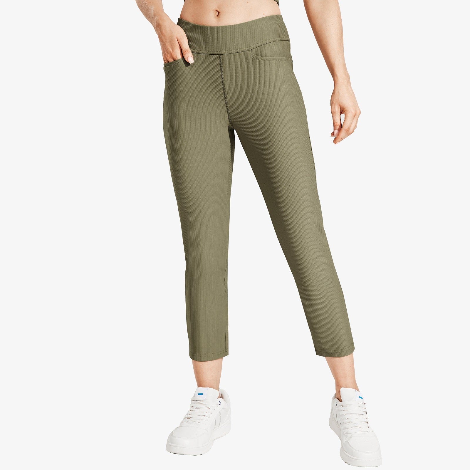 Women's High-Waisted Ribbed Capri Legging Yoga Pants - Army Green / XS