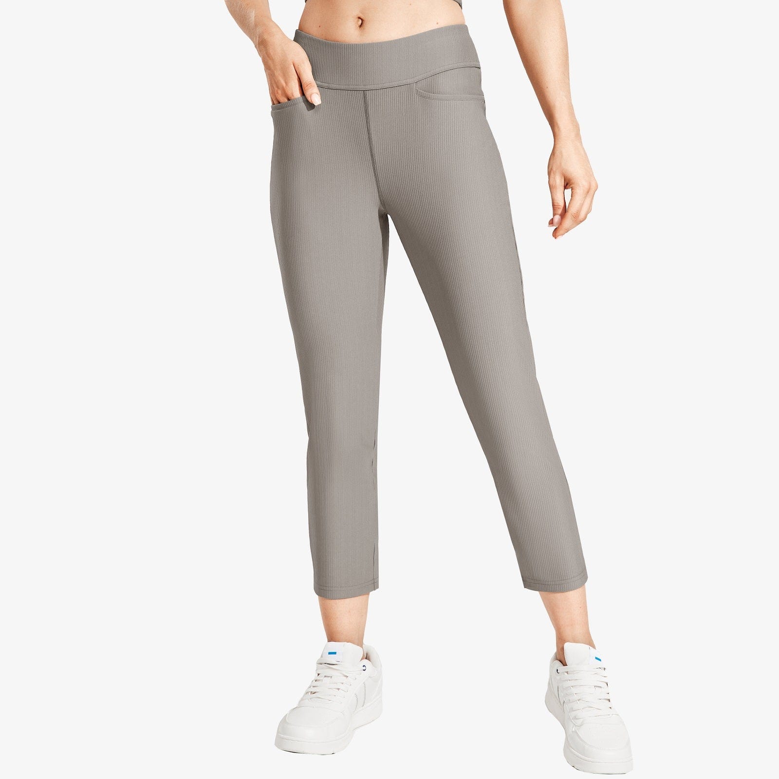 Women's High-Waisted Ribbed Capri Legging Yoga Pants - Light Grey / XS
