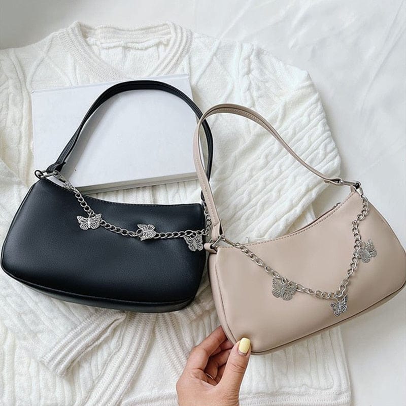 Women's Underarm Bag Solid Shoulder Bag with Butterfly Chain Design All-matching Handbags Purse Fashion Leather Hobo Bag 0 MIER