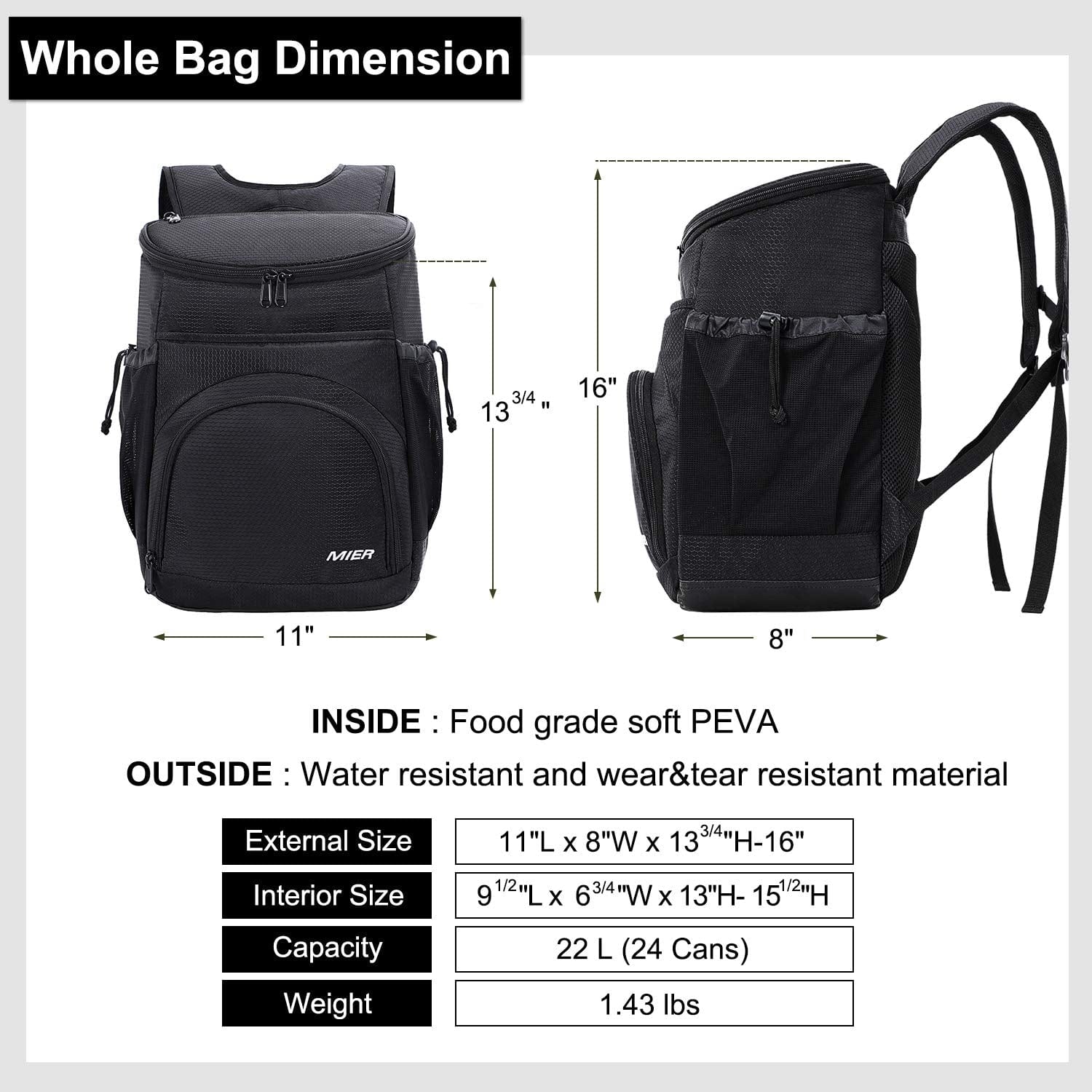 Insulated Cooler Backpack with Tablet Pocket, Leakproof Cooler Backpack Cooler Black MIER