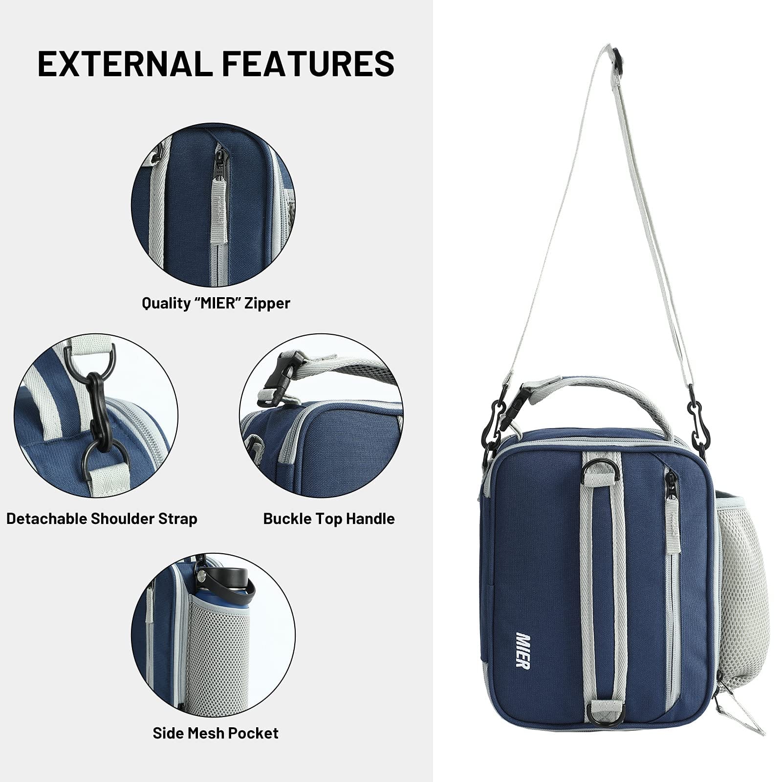MIER Expandable Lunch Bag Insulated Lunch Box for Men Boys, Navy Grey