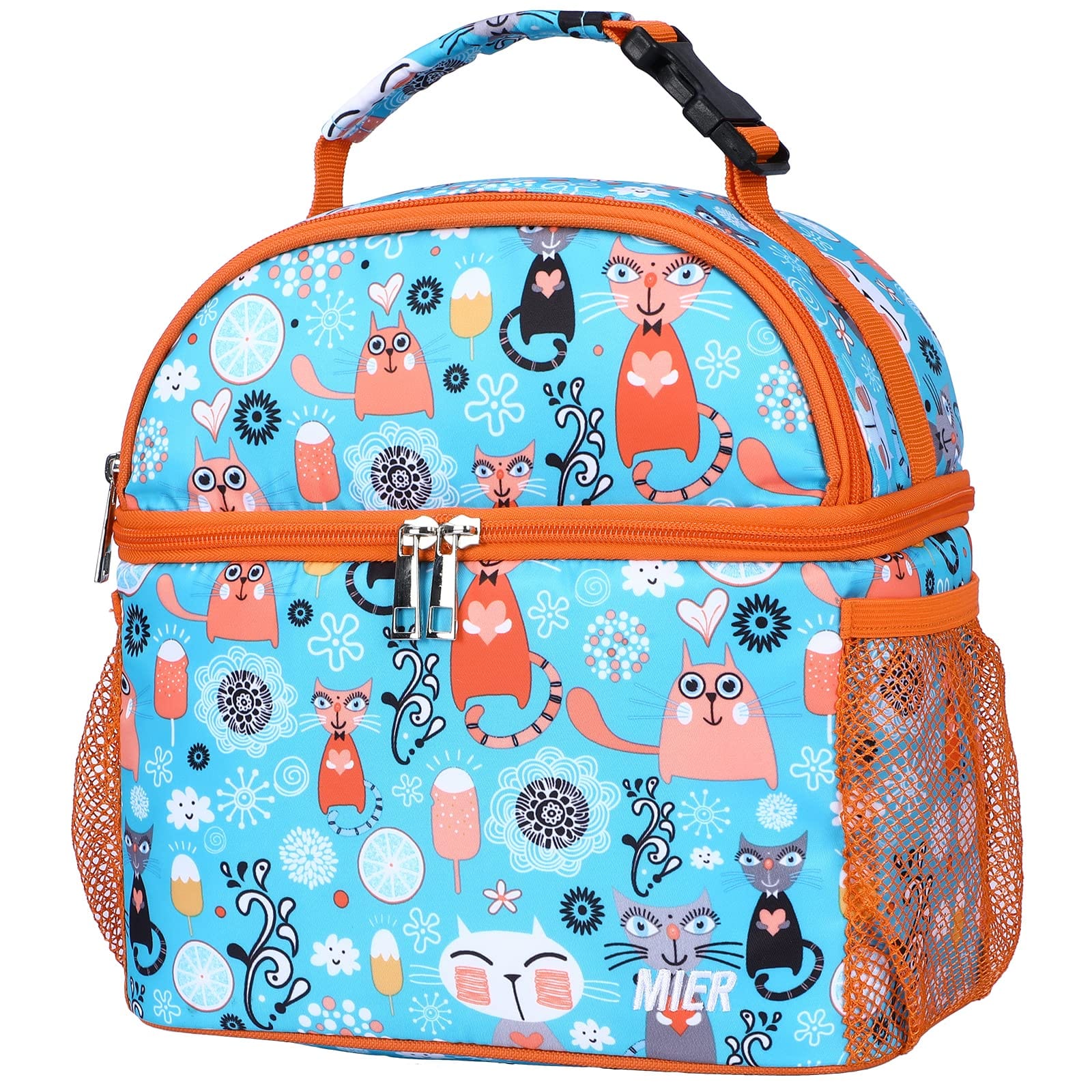 MIER Kids Lunch Bag Insulated Toddlers Lunch Cooler Tote, Blue Orange Cat