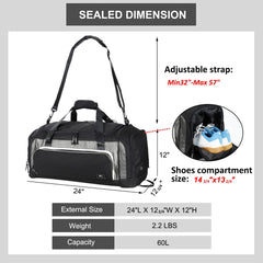 Large Sports Gym Bag Duffel Bag with Shoe Compartment, 60L Gym Duffel Bag MIER
