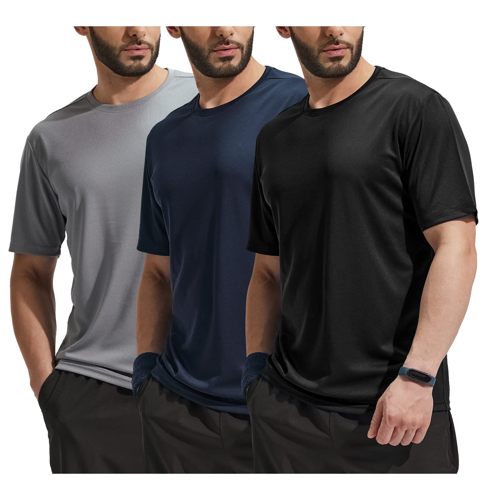 Men Dry Fit Workout T-shirts for Gym Athletic Running, 3 Pack Men Shirts Black Grey Navy / S MIER