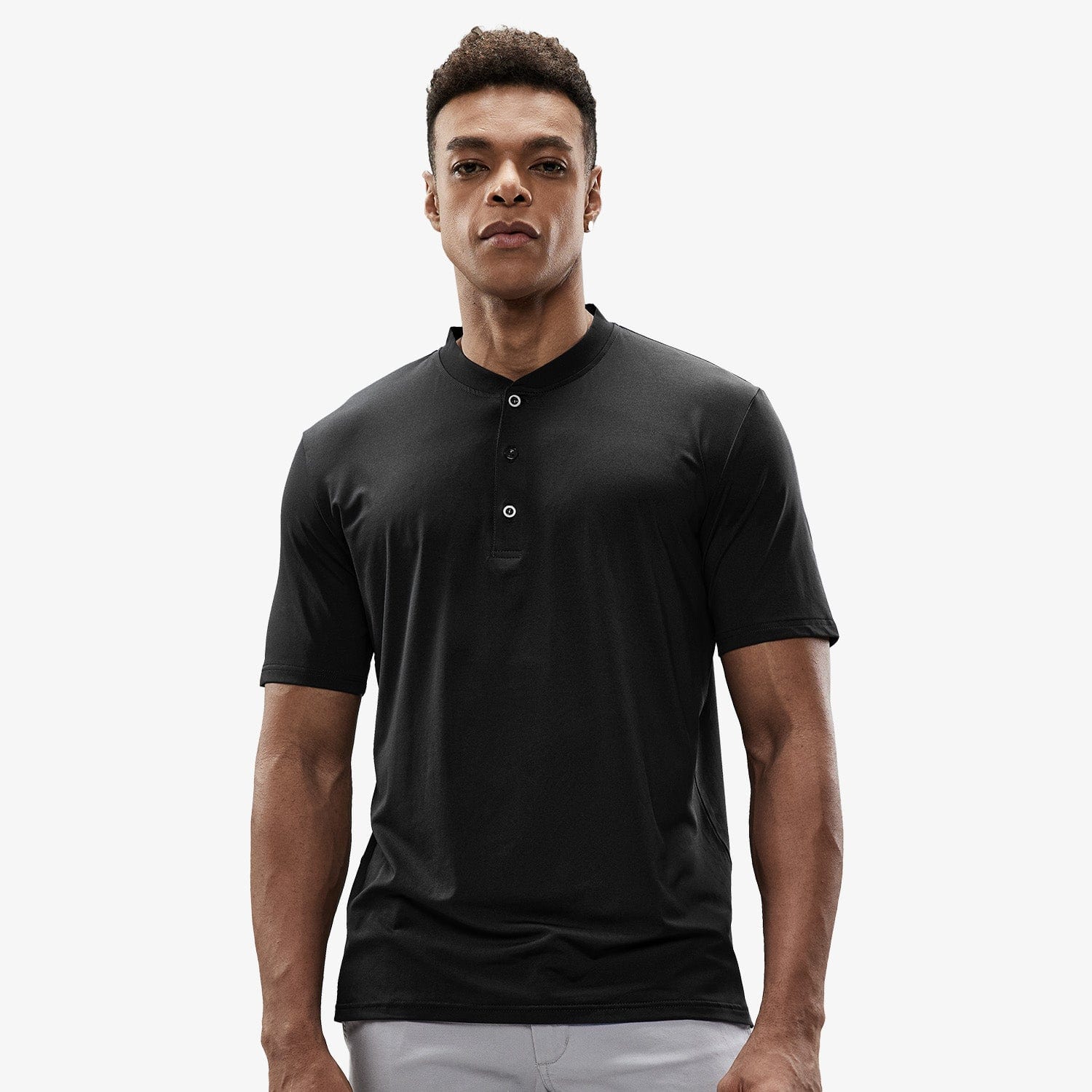Men's Henley T-Shirt Quick Dry Collarless Casual Tee Shirts - Black / 2XL