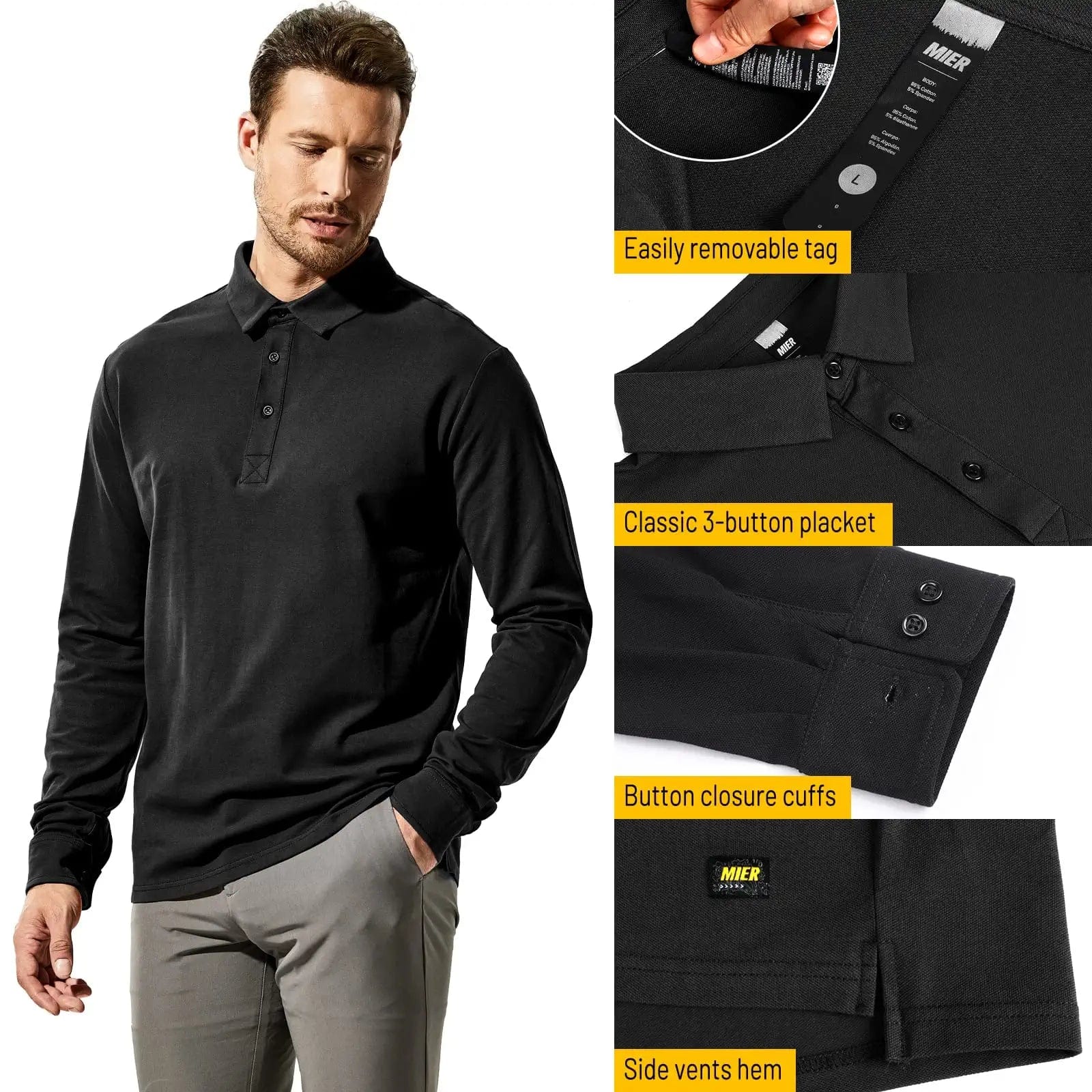 Men Long Sleeve Polo Shirts Regular-fit Cotton Golf Collared Shirt Men Polo MIER